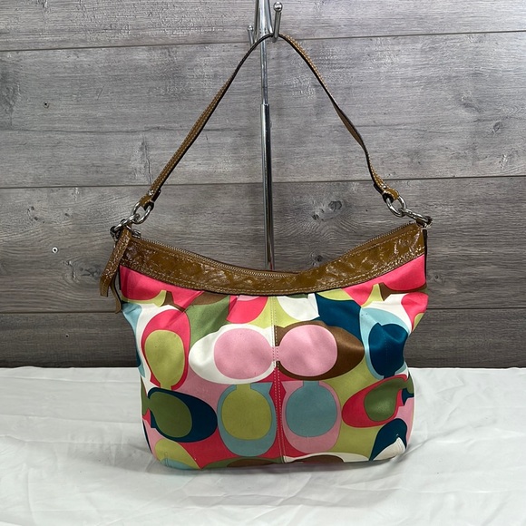 Coach Scarf Print F13800 Multicolor Fabric and Patent Leather Hobo Bag - Picture 1 of 12